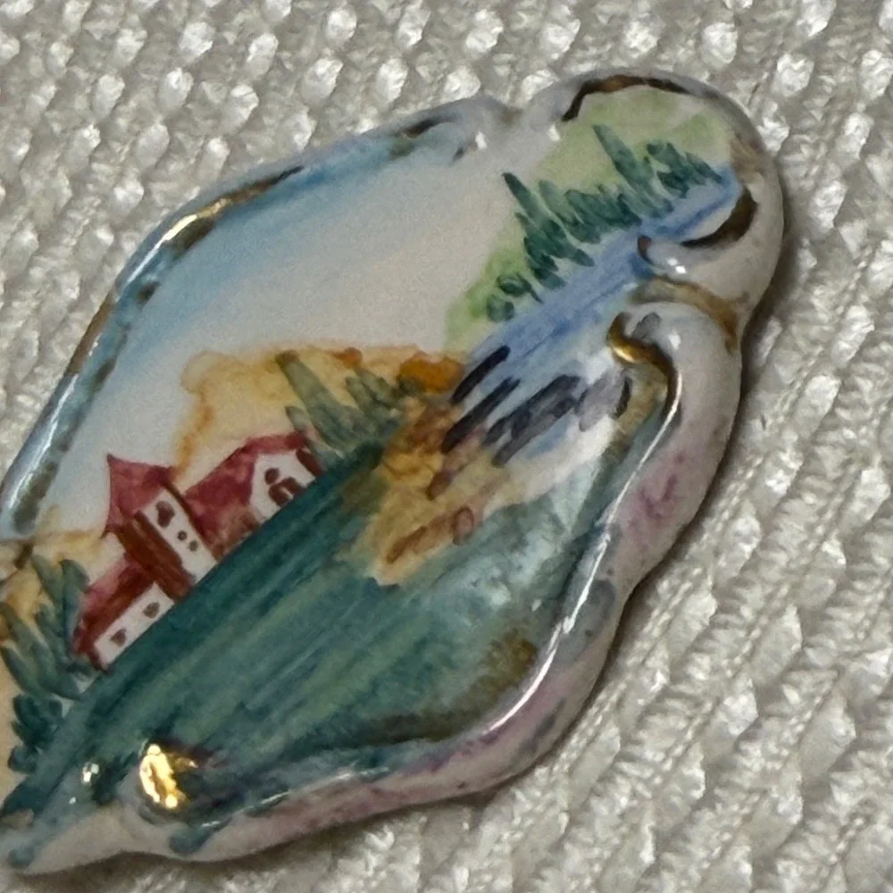 Vintage Hand Painted Ceramic Brooch Pin Landscape Church Water Gold Gilt C-Clasp